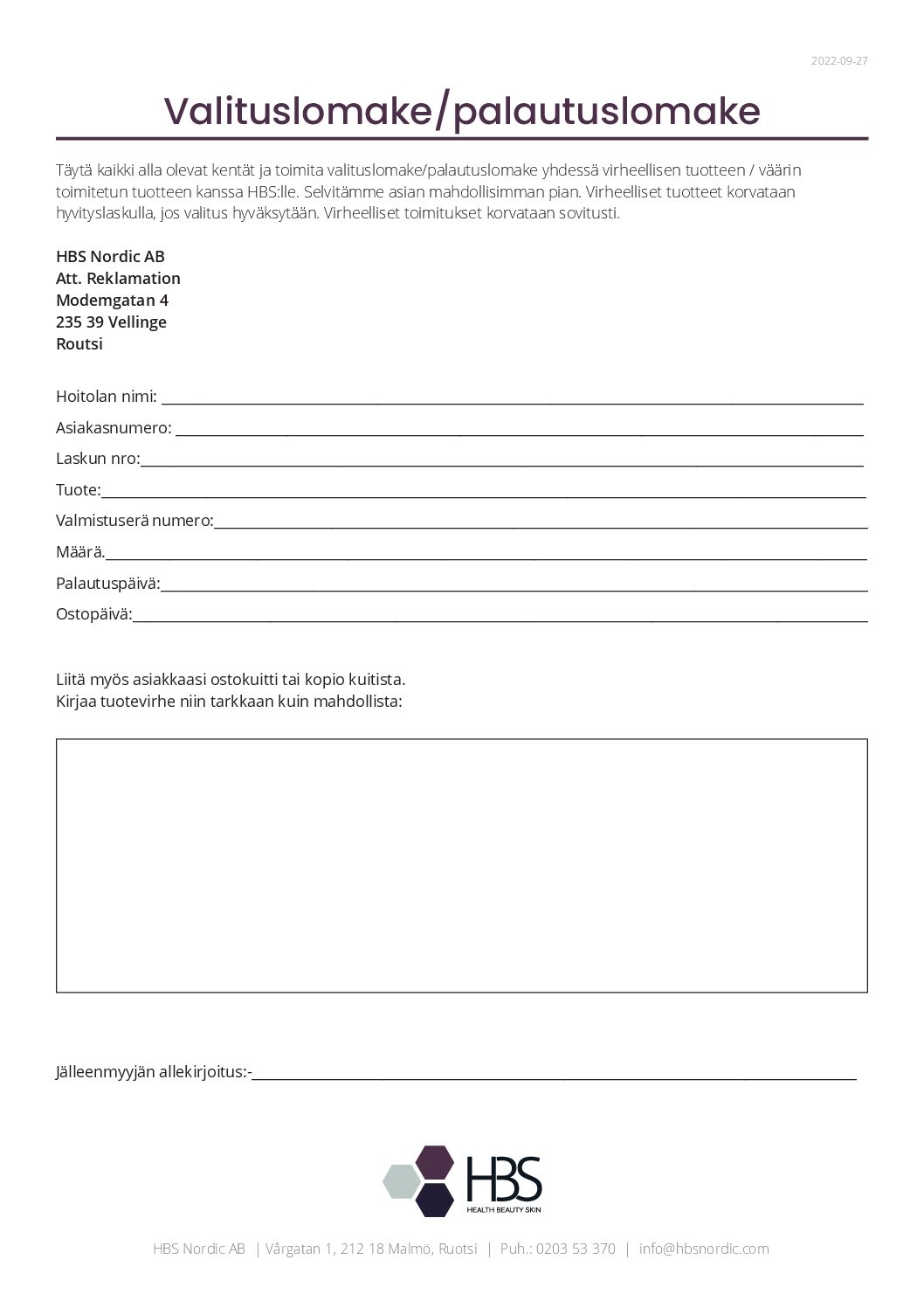 HBS Nordic Valituslomake/palautuslomake