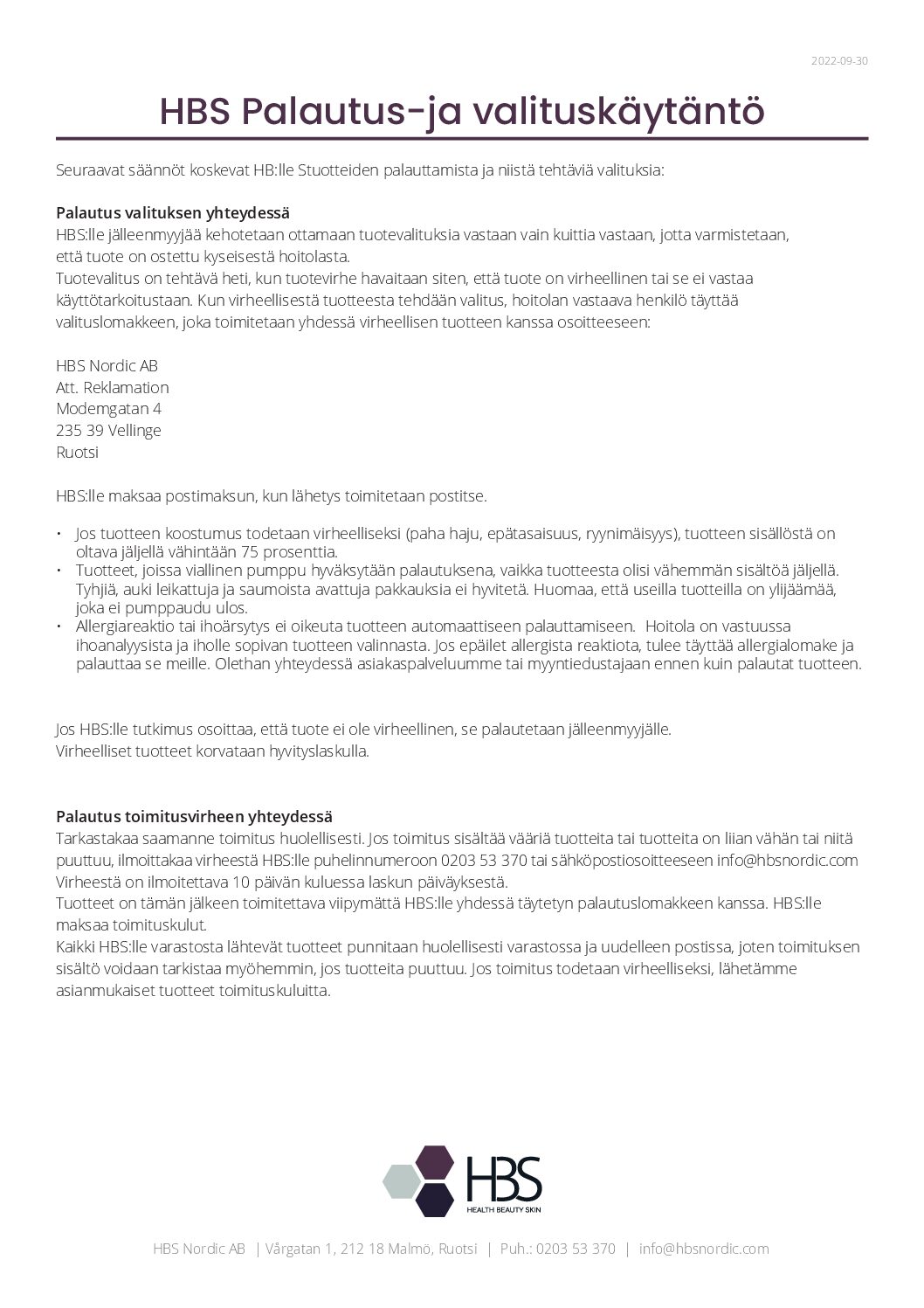 HBS Nordic Palautus-ja valituskäytäntö