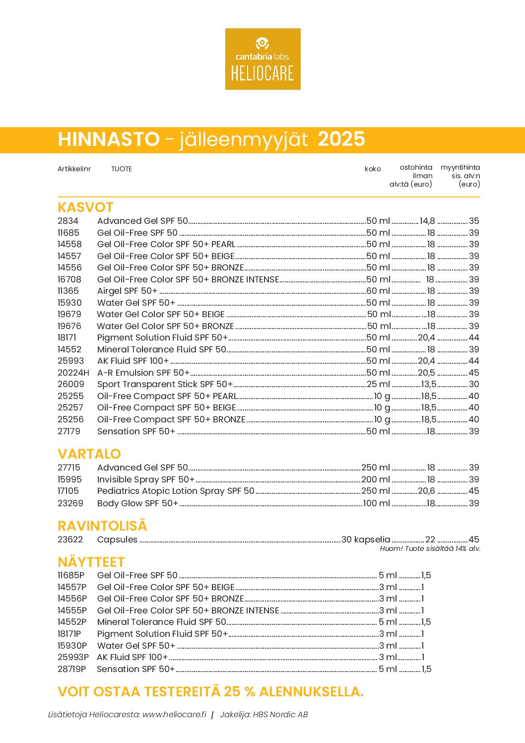Hinnasto Heliocare (Jälleenmyyjät)