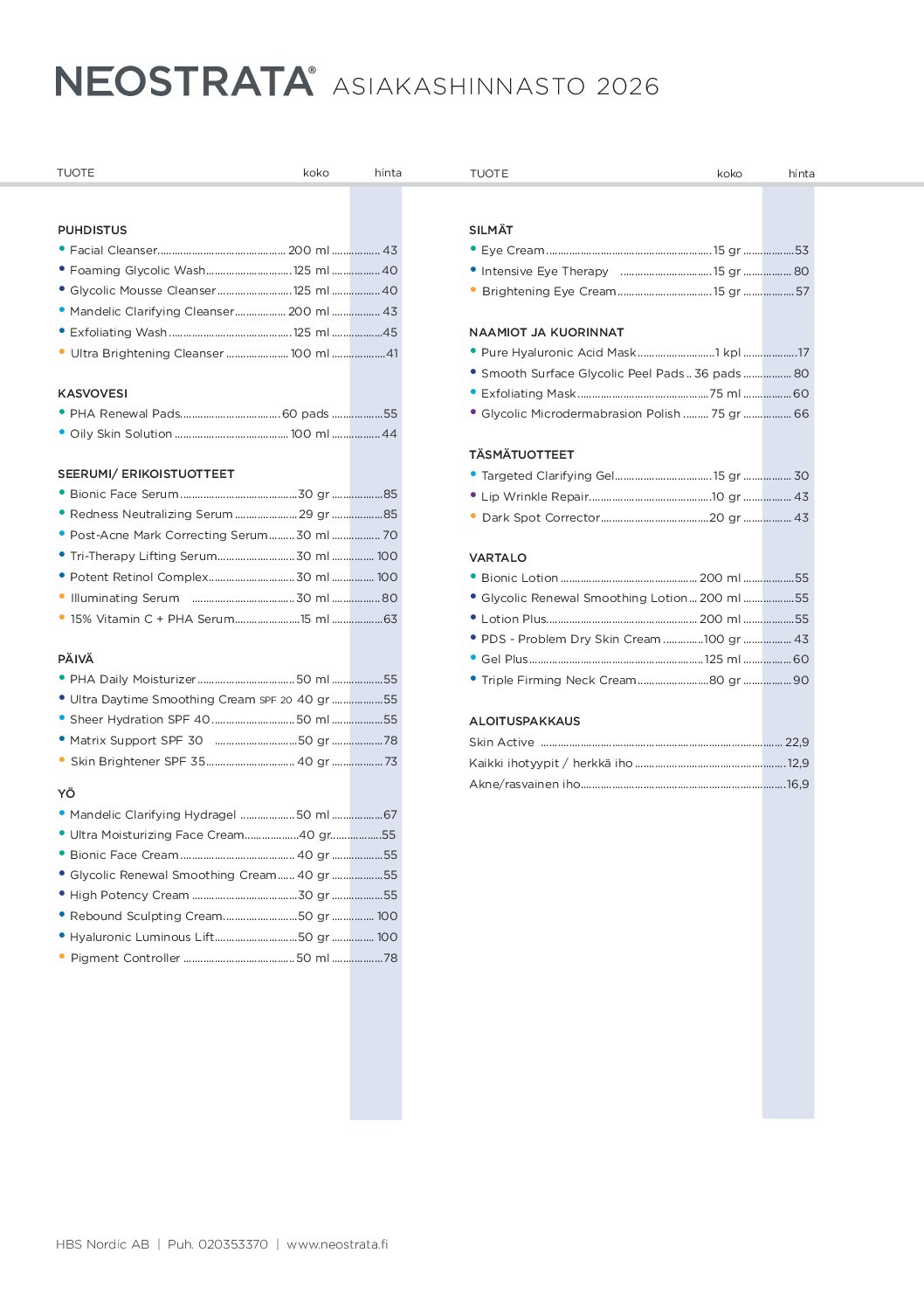 Hinnasto NEOSTRATA (ASIAKAS)
