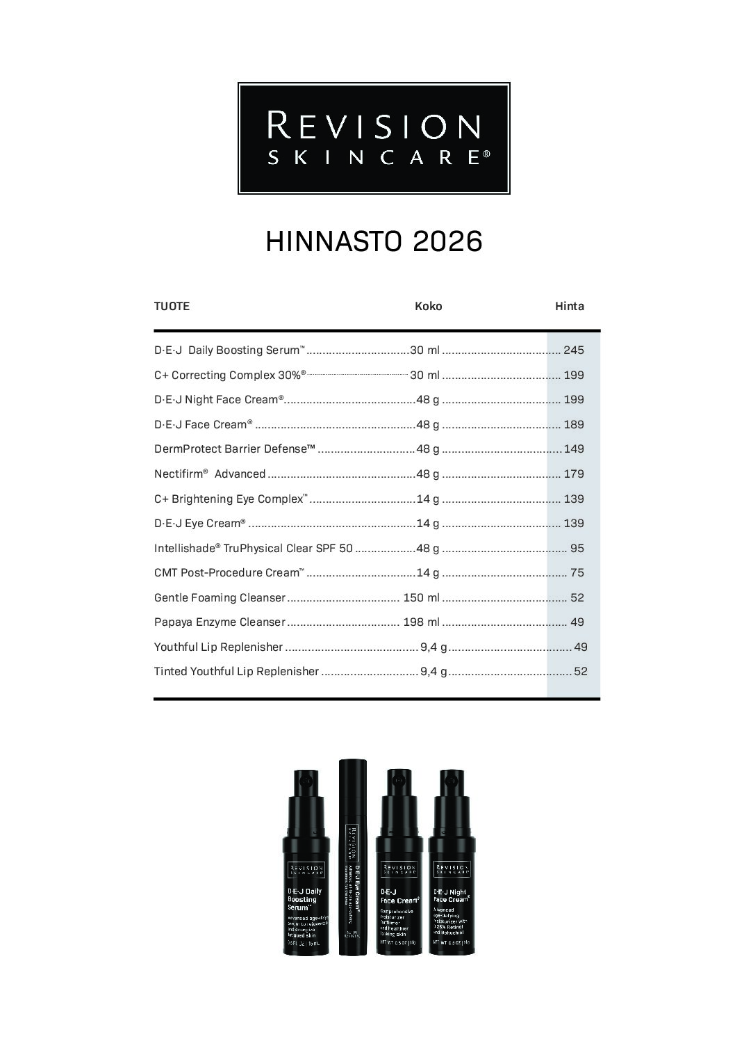 Hinnasto Revision Skincare (ASIAKAS)