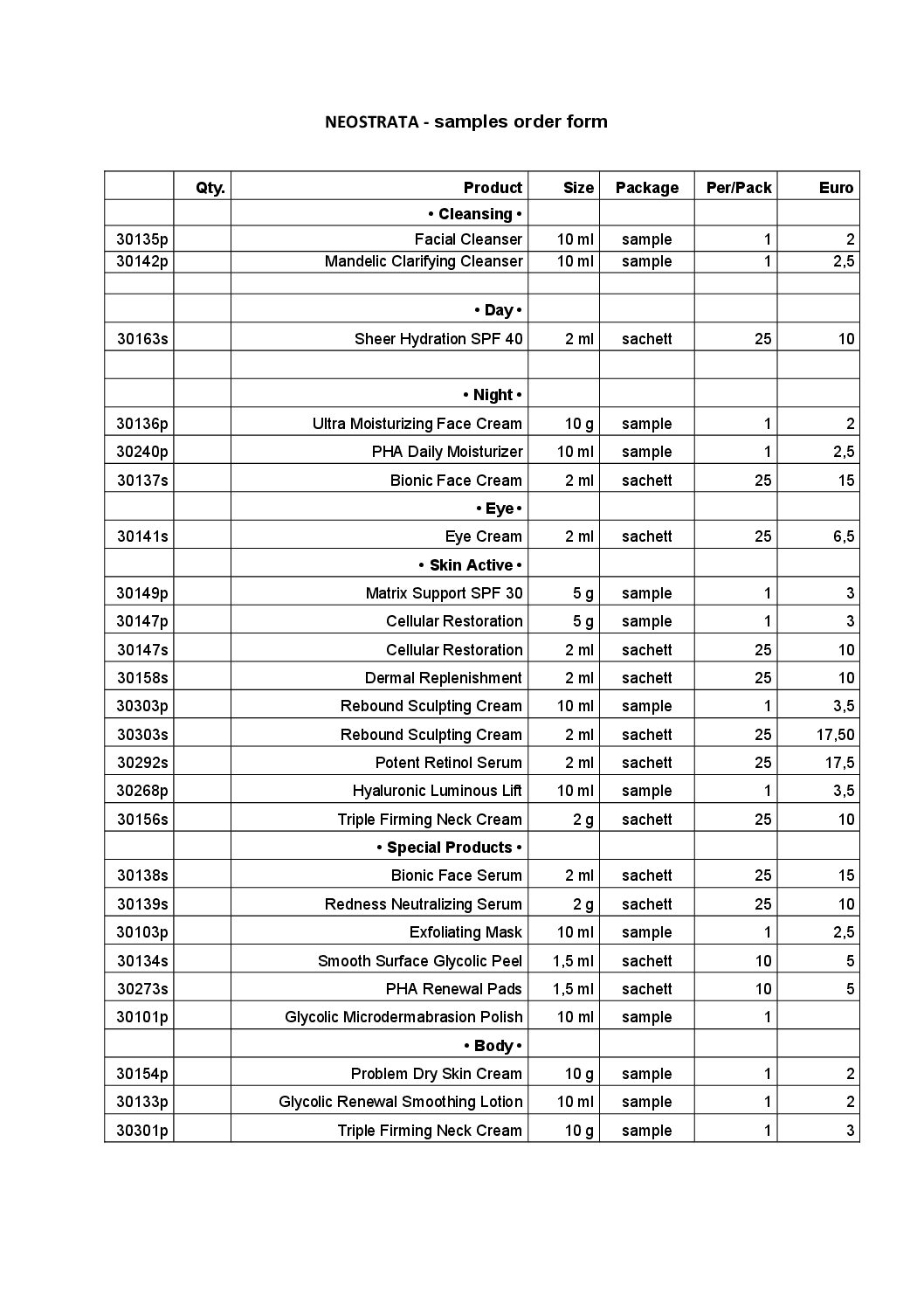 Hinnasto NEOSTRATA samples