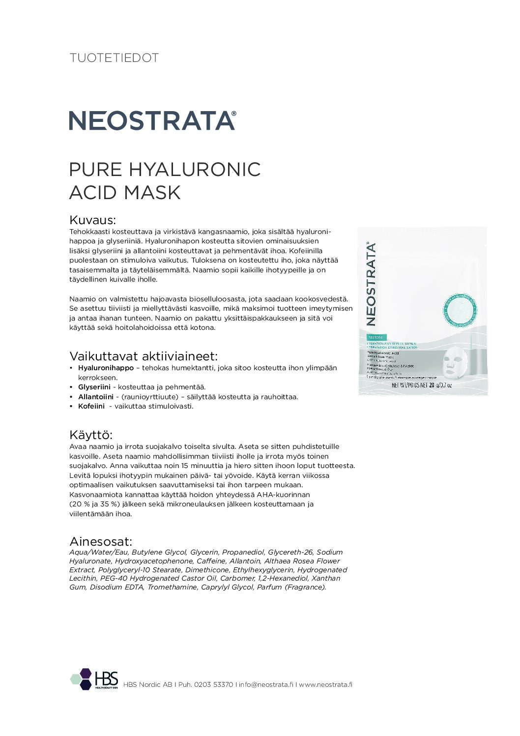 Tuotearkki NEOSTRATA Pure Hyaluronic Acid Mask
