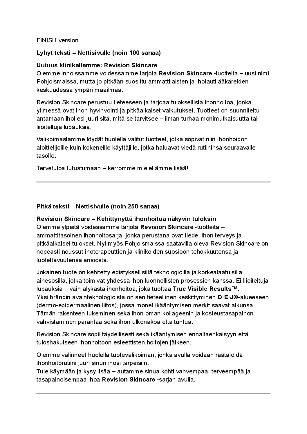 Bränditekstit Revision Skincare (suomeksi)